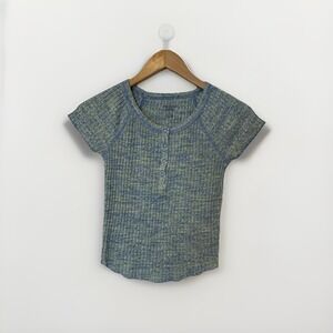 American Eagle Womens Shirt Ribbed S Green Henley Baby Tee Knit Ribbed